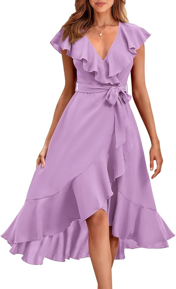 PRETTYGARDEN Women's 2024 Summer Wrap Midi Dress Casual Boho Deep V Neck Short Sleeve Ruffle Hem ... | Amazon (US)