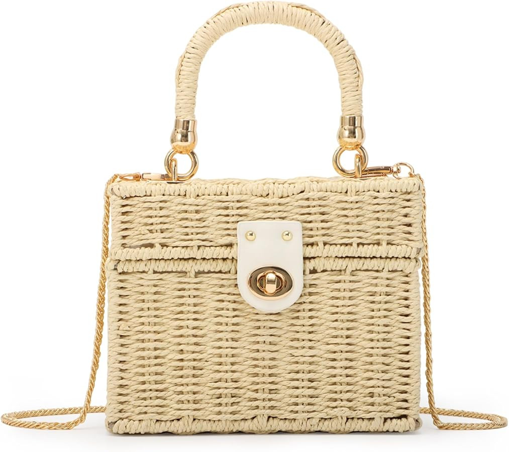 Women Handwoven Rattan Handbag Beach Straw Tote Bag Square Boho Crossbody Bag | Amazon (US)