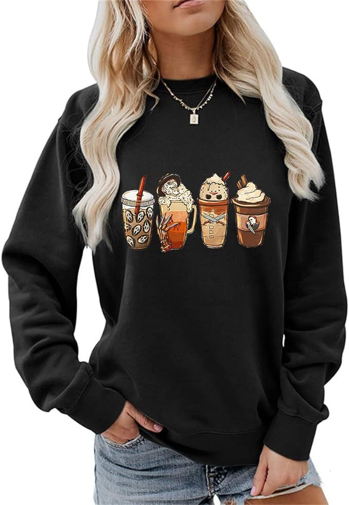 GLAMVOS Womens Crewneck Horror Movies Latte Fall Coffee Sweatshirt Halloween Sweaters | Amazon (US)