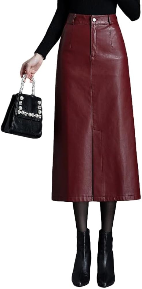 Long Leather Skirts for Women Casual High Waisted Fall Winter Bodycon Midi Skirt with Slit | Amazon (US)