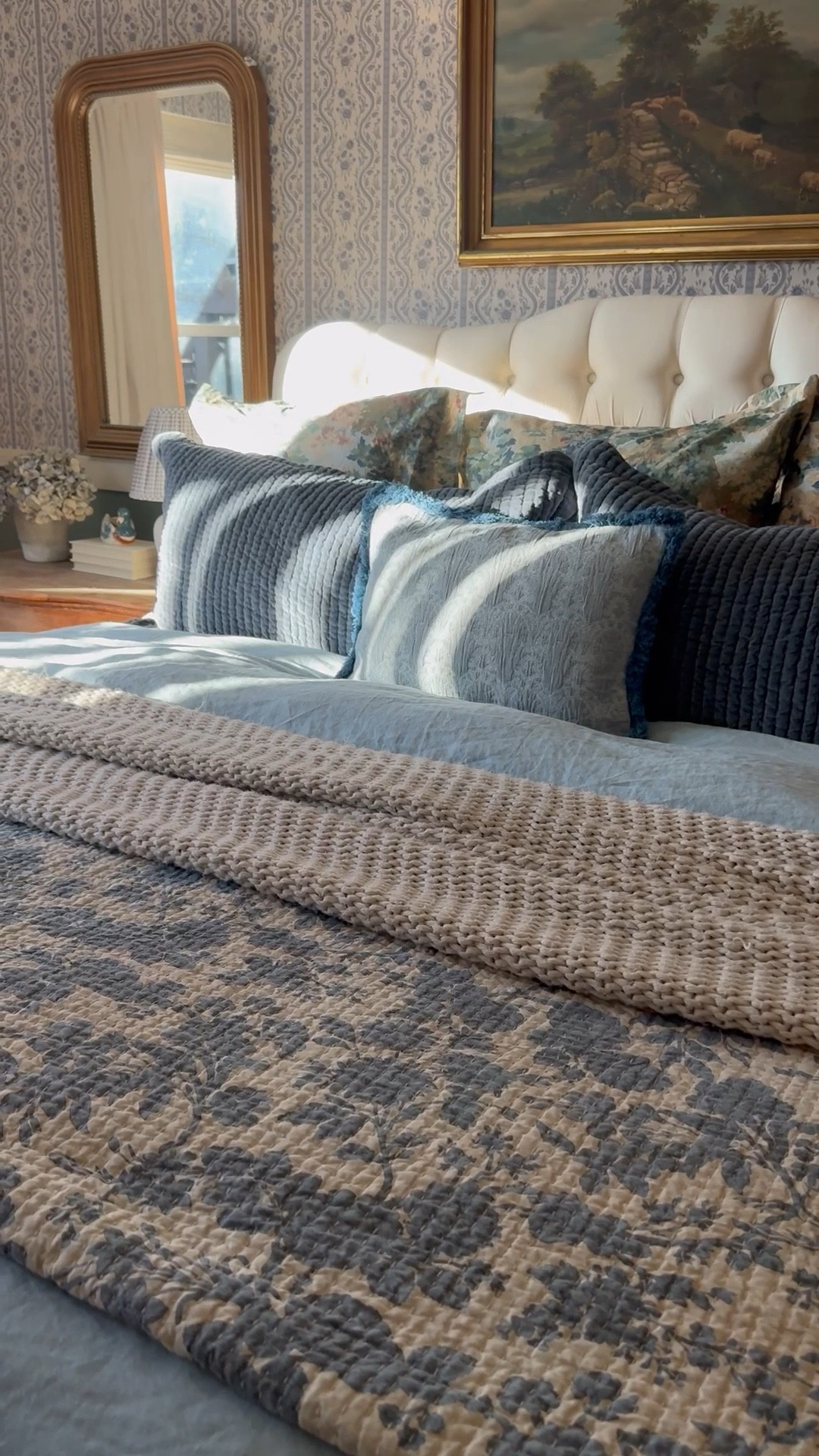 Bedding, cottage style bedroom inspo, linen duvet, arch gold mirror, wallpaper, blue floral quilt, velvet sham, toile percale sham

#LTKHome #LTKSeasonal #LTKSaleAlert