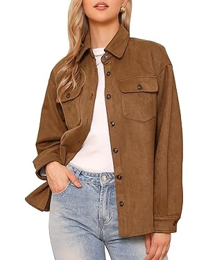 Allegra K Faux Suede Jacket for Women's Turn-Down Collar Long Sleeve Casual Button Down Shirt Top | Amazon (US)