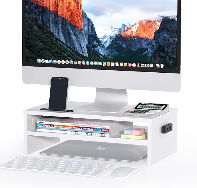 BONTEC Monitor Stand Riser White, 2 Tiers Wood Monitor Riser Stand with Storage Organizer, Deskto... | Amazon (US)