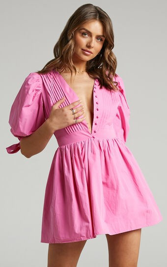 Zandra Puff Sleeve Poplin Mini Dress in ICE PINK | Showpo (US, UK & Europe)