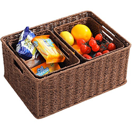 HOONEX Large Woven Baskets for Storage, Paper Rope Baskets with Sturdy Metal Wire Frame, Baskets for Shelves, Set of 3, Dark Brown | Amazon (US)