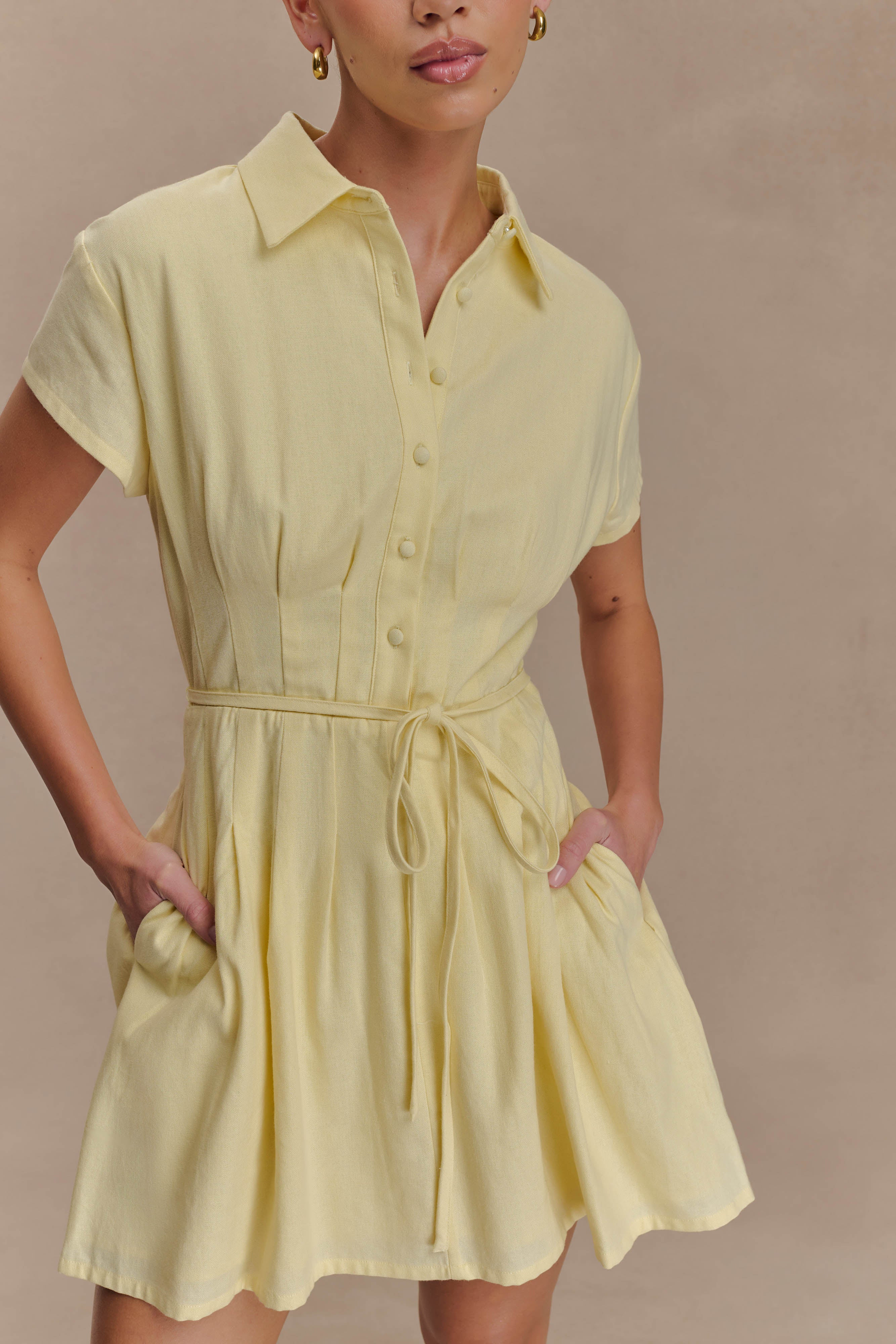Aysha Buttoned Linen Mini Dress - Lemon | MESHKI US