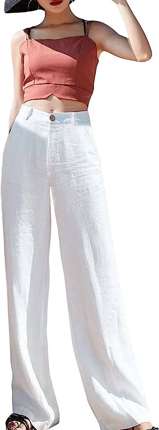 Hooever Womens Cotton Linen Pants Casual Button Up High Waisted Wide Leg Trousers | Amazon (US)