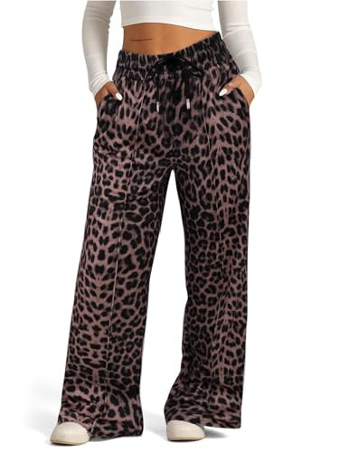 SOFIA'S CHOICE Leopard Pants Women Wide Leg Sweatpants Drawstring Athletic Jogger with Pockets Brown X-Large | Amazon (US)