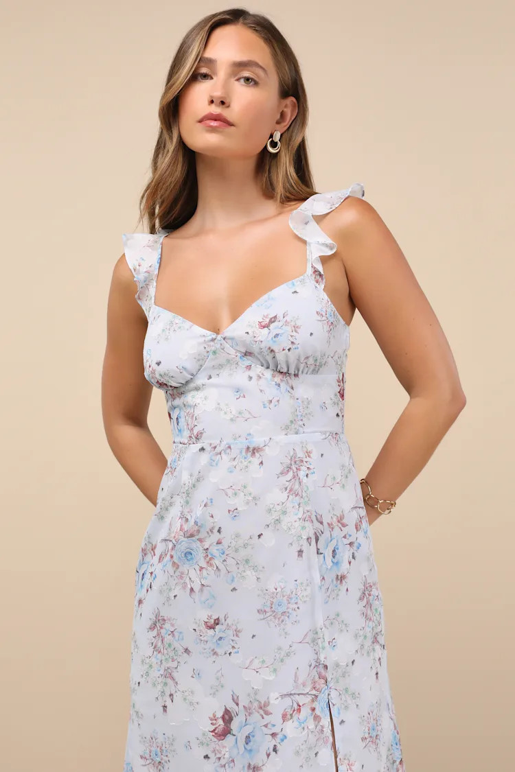 Delightful Direction Blue Floral Ruffled Tie-Strap Midi Dress | Lulus