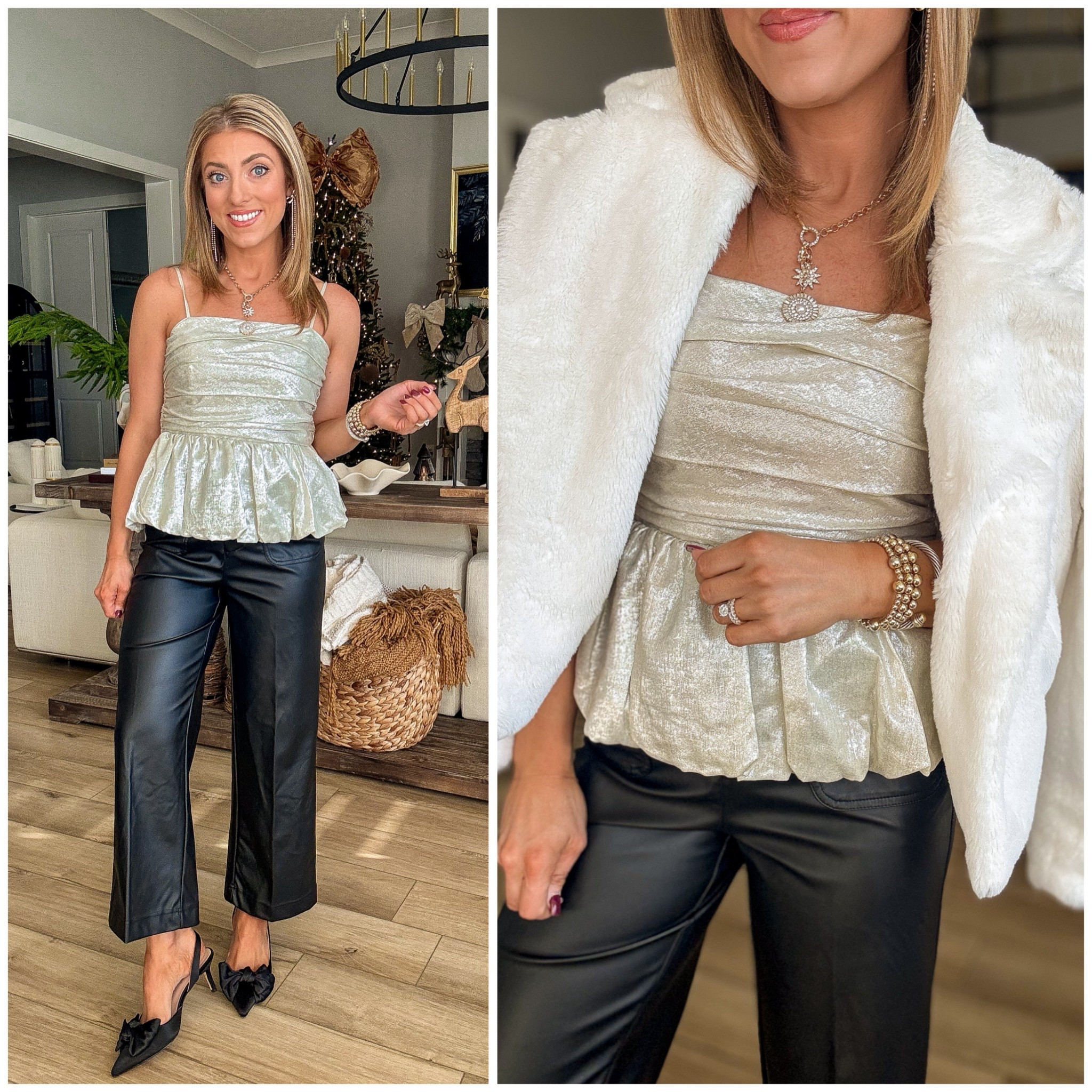 ✨Target Style holiday glam!✨ This beautiful new metallic peplum top is such a show-stopping piece — the shimmer, the flattering ruching, the peplum hem… it’s giving elegant holiday party vibes in the best way. Paired with these new faux leather pants, this outfit looks luxe, chic, and perfect for any festive event.

Dress it up with a faux-fur wrap and sparkle jewelry for Christmas parties, New Year’s Eve, date nights, or any time you want to feel a little extra! ✨🤍

#TargetStyle #TargetFashion #TargetFinds #HolidayOutfit #PartyOutfit #MetallicTop #PeplumTop #FauxLeatherPants #NYEOutfit #ChristmasPartyOutfit #AffordableFashion #WinterStyle #LTKHoliday #LTKStyle #LTKFinds