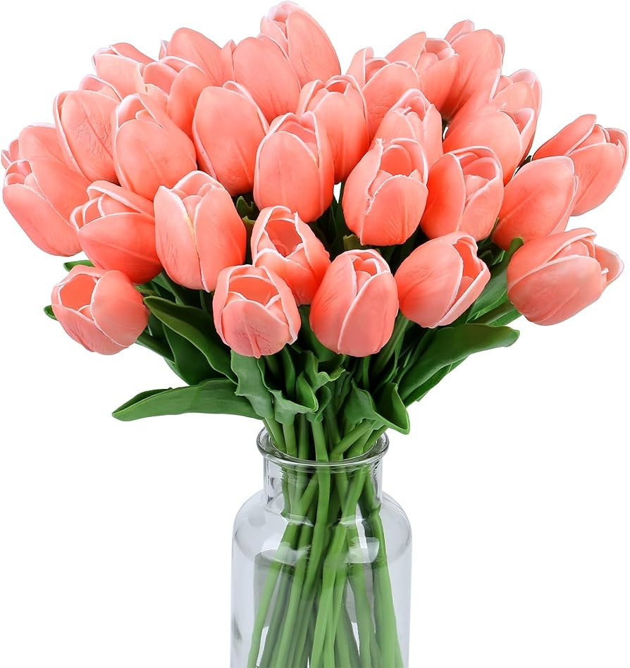 SITUMEIZI Fake Tulips Artificial Flowers Real Touch Champagne 14" 15 Pcs PU Flower for Home Decor... | Amazon (US)