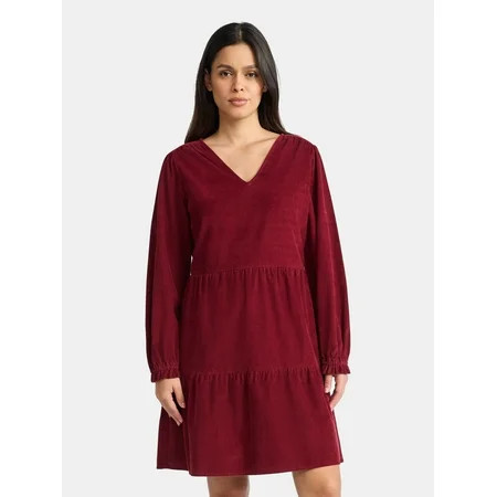 Time and Tru Women's Tiered Corduroy Dress with Long Sleeves, Sizes XS-XXXL | Walmart (US)