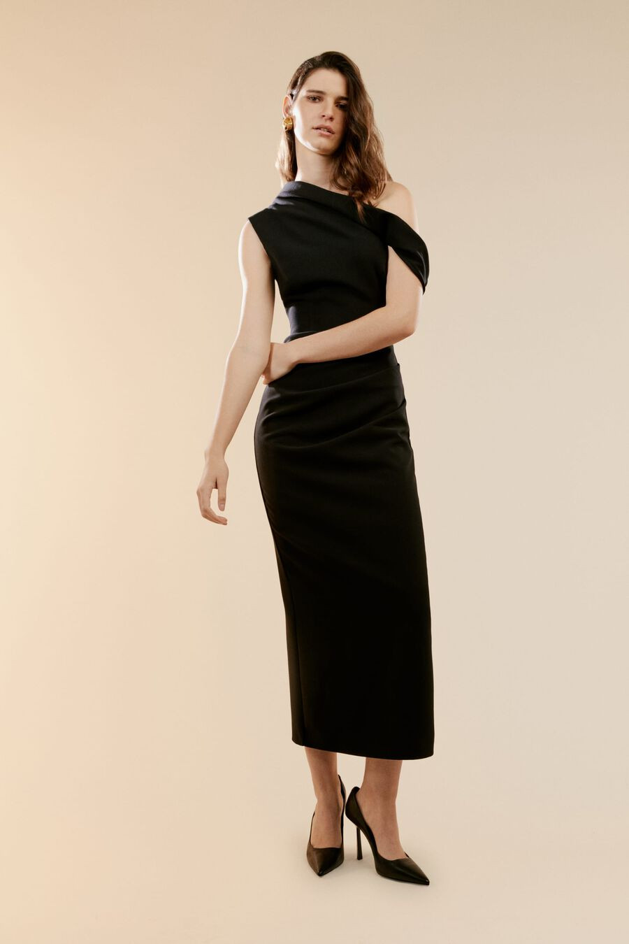 maeve asymmetric midi dress in black | Bardot (US)