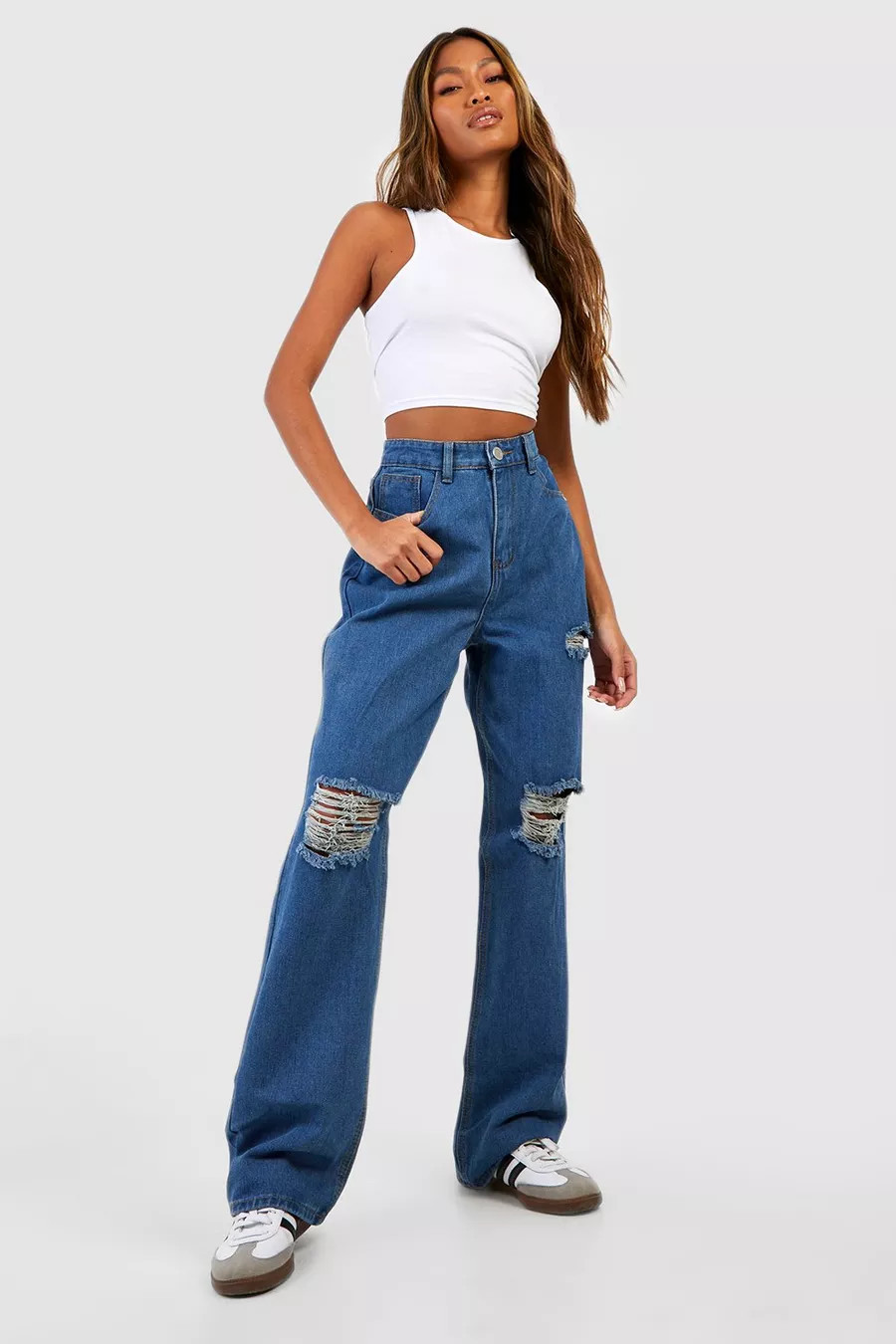 High Waisted Ripped Knee Straight Fit Jeans | Boohoo.com (US & CA)