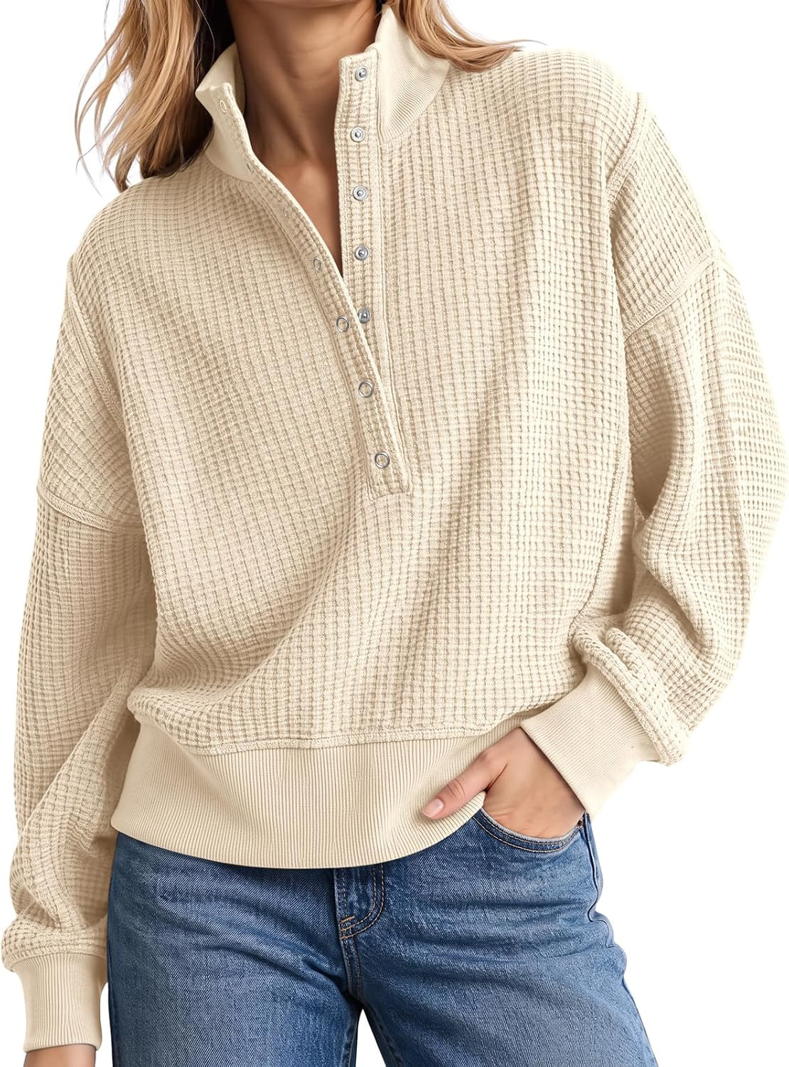 Fisoew Womens Sweatshirt Waffle Knit Oversized Button Henley Pullover Tops | Amazon (US)