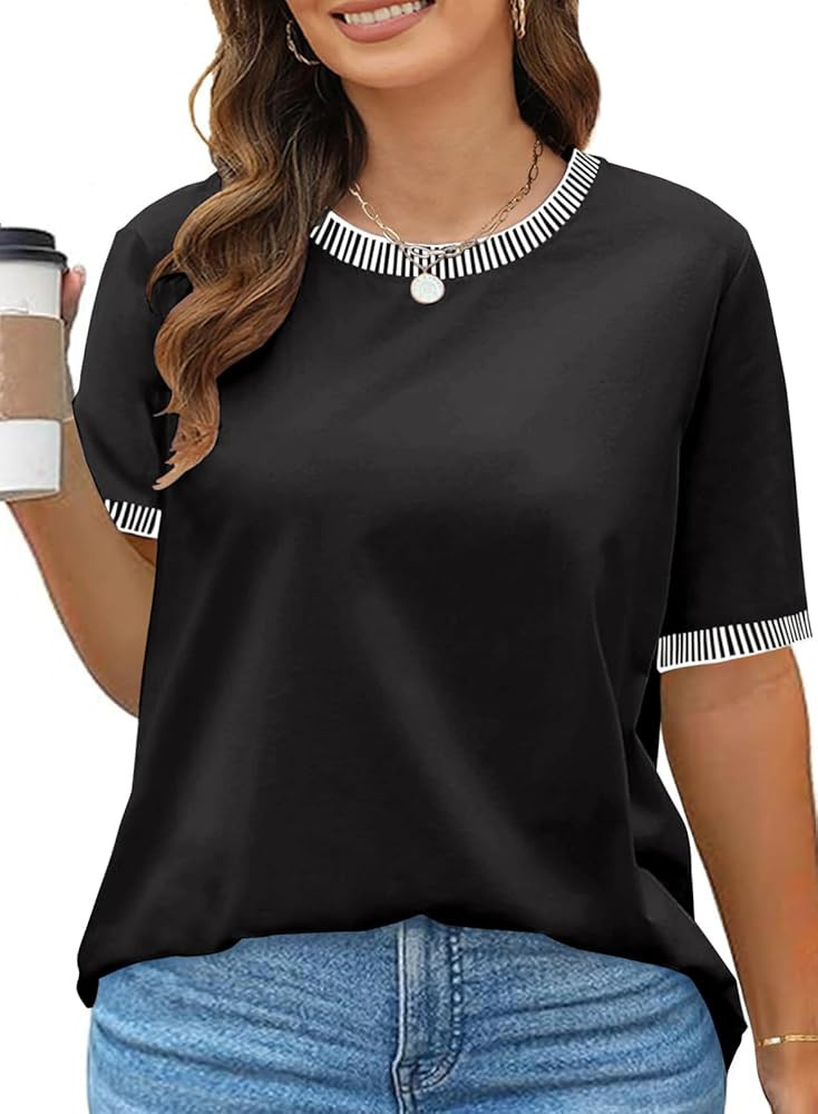 Eytino Womens Plus Size T Shirts Crewneck Striped Color Block Short Sleeve Tops Loose Casual Tee ... | Amazon (US)