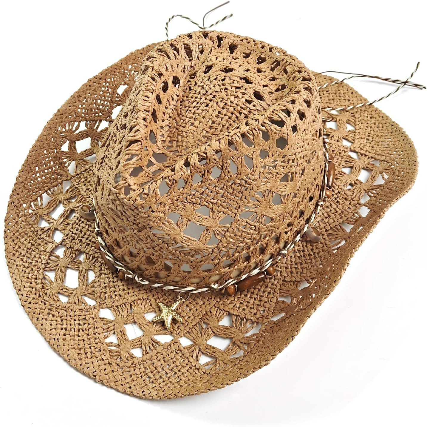 Straw Cowboy Hat for Women, Western Cowgirl Sun Hat with Beaded Band, Wide Brim Shapeable Crochet Sun Hat | Amazon (US)