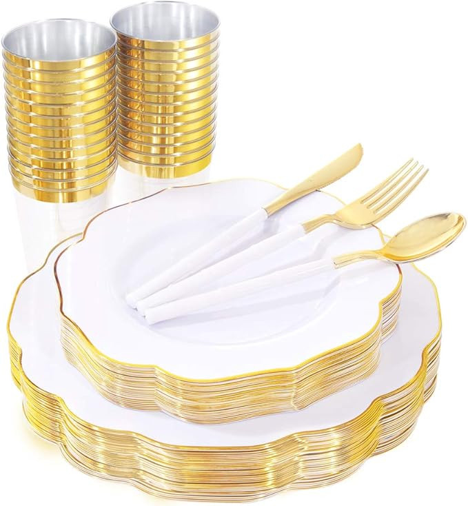 BUCLA 180PCS White And Gold Plastic Plates With Bamboo Design Disposable Plastic Silverware& Gold... | Amazon (US)