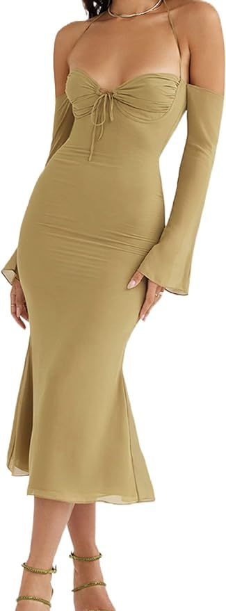 Sleeveless Spaghetti Strap Print Cut Out Maxi Dress Backless Slim Fit Split Long Dress Halter Nig... | Amazon (US)