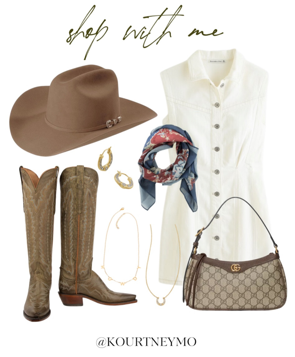 Western boot styling, Lucchese, Stetson, Abercrombie, Kendra Scott, Tasha Polizzi, Pinto Ranch, Gucci Ophidia, denim dress styling, rodeo style, PBR style

#LTKshoecrush #LTKstyletip