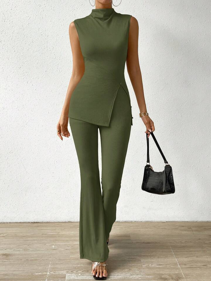 SHEIN Privé Chic Sleeveless Top With Stand Collar And High Slit And Slim Fit Pants Two Piece Set... | SHEIN