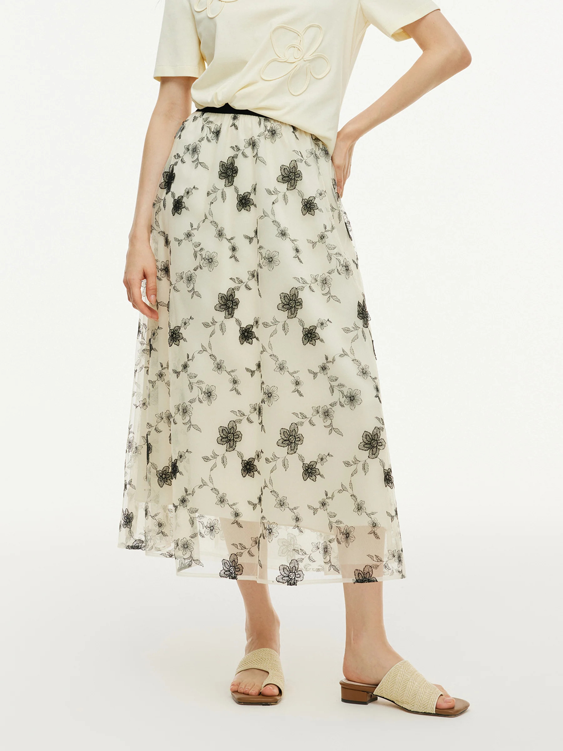 Floral Embroidered Women Elastic Waist Mesh Skirt | GOELIA