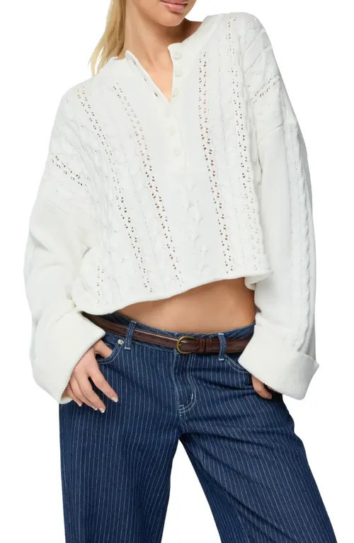 EDIKTED Marianna Crop Henley Cable Sweater in Ivory at Nordstrom, Size Small | Nordstrom