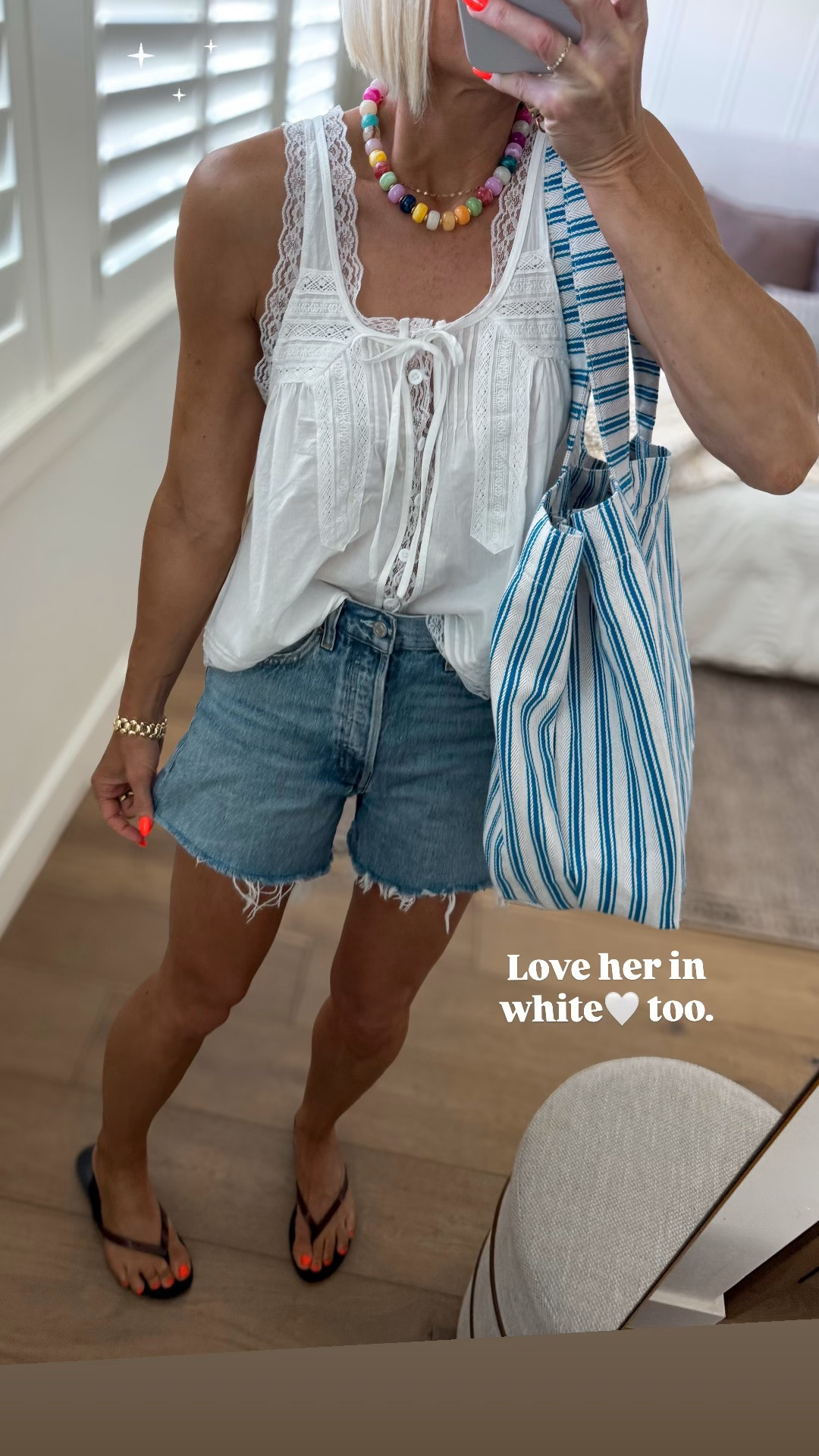 Simple summer outfit. Loving this look for less lace trimmed tank, my favorite denim shorts, striped carry all bag and chunky Anthro-looking necklace.

#LTKmomlife #LTKootd #LTKOver40