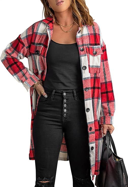 KIRUNDO Women's Flannel Plaid Shirts Jacket Shacket Coats Casual Boyfriend Button Down Shirts Lon... | Amazon (US)