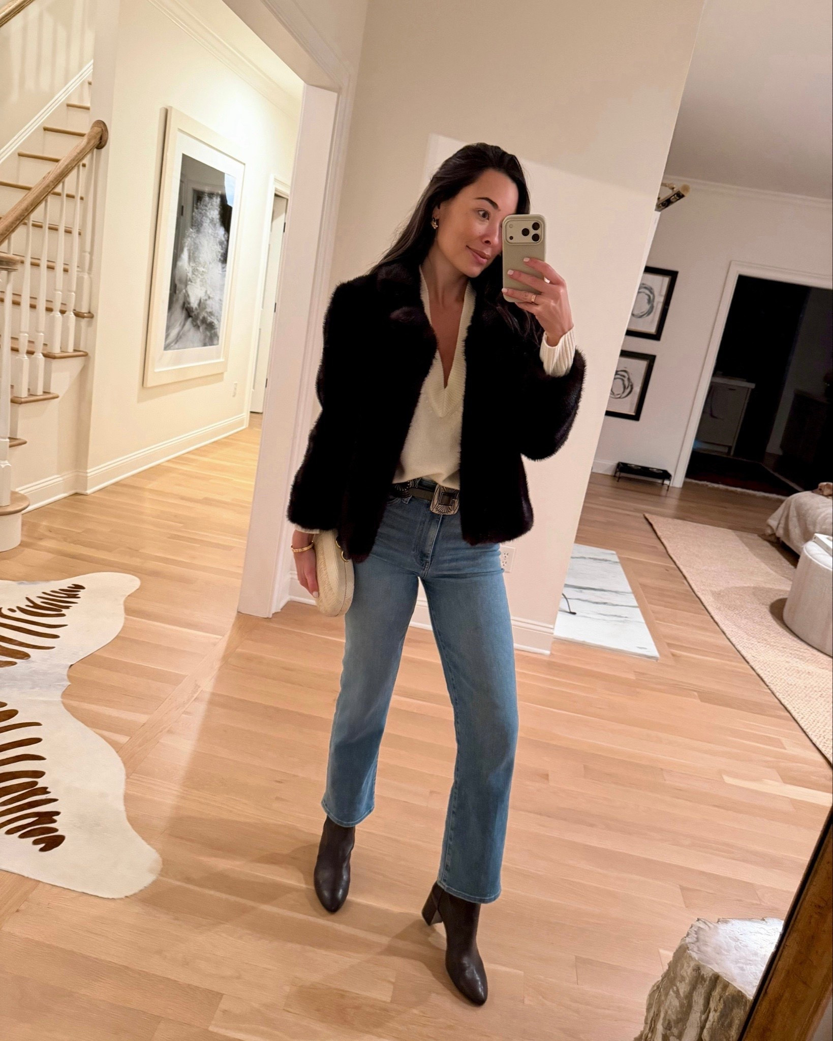 Easy date night outfit, faux for coat, booties, denim. 

#LTKHoliday #LTKSeasonal #LTKootd