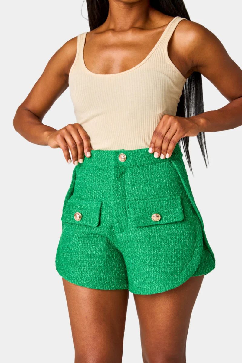 BuddyLove | Mae Tweed High-Waisted Shorts | Green | BuddyLove