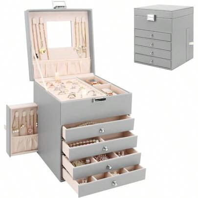 Jewelry Storage Box For Necklaces Earrings Rings Bracelets Watches (Gray), 5 Layers Jewelry Box With Side Compartments, Large Leather Jewelry Storage | SHEIN