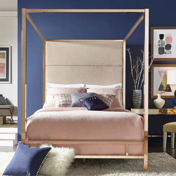 Evie Champagne Gold Metal Canopy Bed with Linen Panel Headboard by iNSPIRE Q Bold | Bed Bath & Beyond