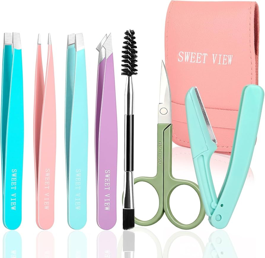 SWEET VIEW 7pcs Eyebrow Tweezers Kit for Women Precision Plucker with Brow Scissors & Razor & Spo... | Amazon (US)