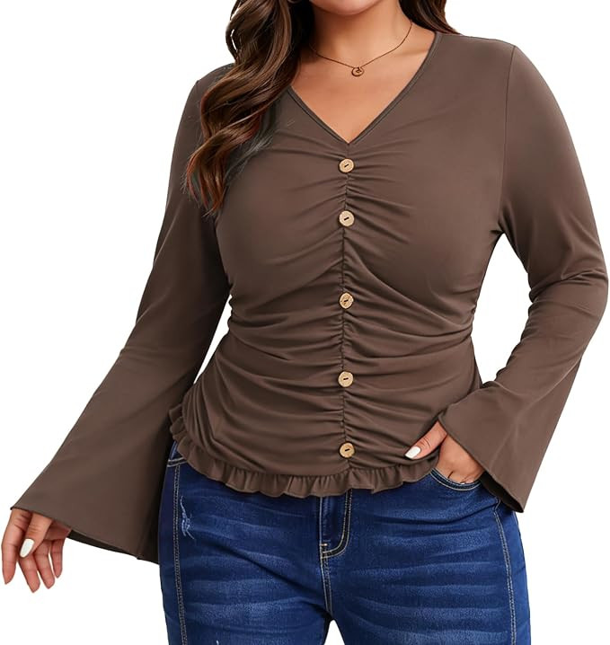 Plus Size Women's Bell Sleeve V-Neck Top | Ruched Front Long Sleeve Blouses, Business Casual Fall... | Amazon (US)