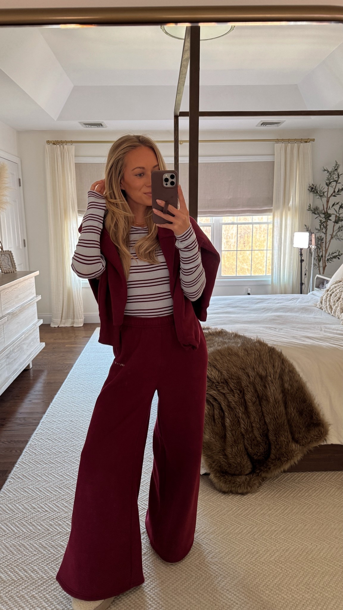 AERIE CYBER SALE 🎁 40% off the entire site! Wearing a size small in this maroon matching set and Small in the striped T-shirt. 

Matching set, cozy loungewear, aerie loungewear, holiday matching set 