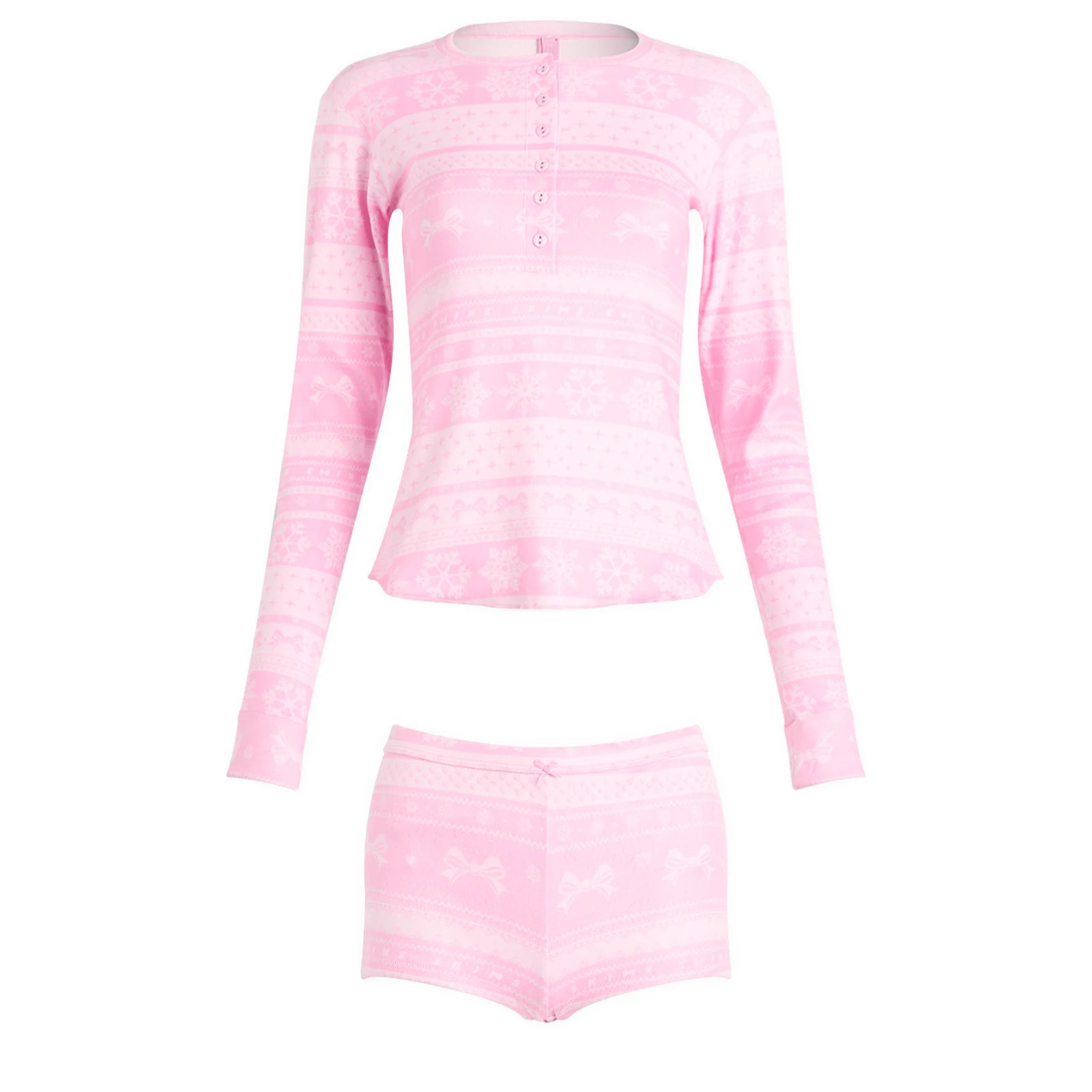 SKIMS Women's Plush Pointelle Henley & Short Set in Bubblegum Bow Fairisle, Size Large | END. Clothing