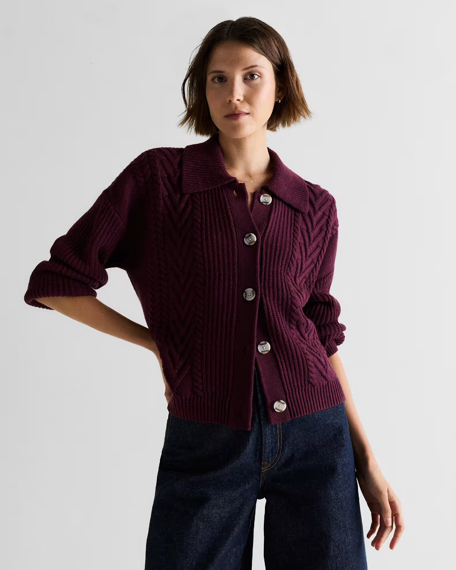 Australian Merino Wool Collared Cable Cardigan in Barolo Burgundy | Quince