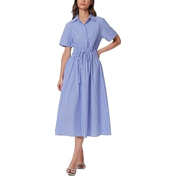 Ladyful Women Casual Button Down Short Sleeve Shirt Dress Tie Waist Midi Shirt Dress Elegant Busi... | Amazon (US)