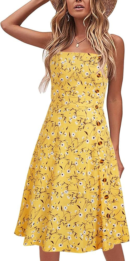 Women's Casual Summer Beach Flattering Flowy A-Line Spaghetti Straps Solid Cotton Button Down Mid... | Amazon (US)