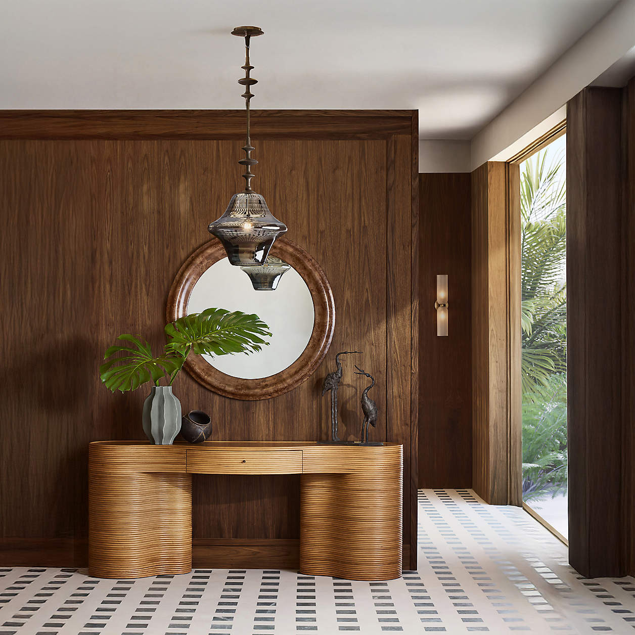 Mota Dark Burl Wood Round Wall Mirror | Crate & Barrel | Crate & Barrel