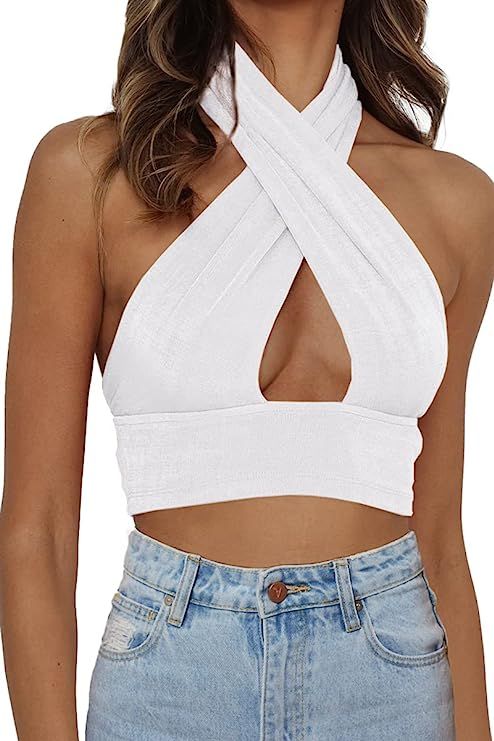 Women's Summer Crop Top Halter Neck Criss Cross Sexy Y2k Tops Backless Cami Tank | Amazon (US)