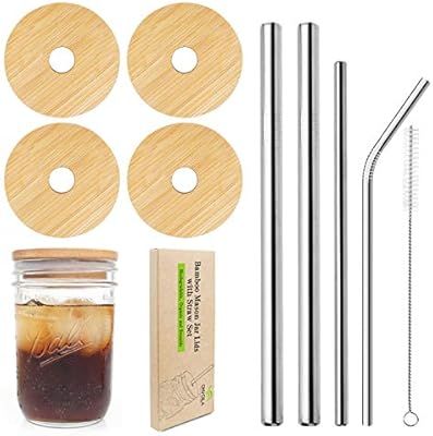 Mason Jar Lids with Straw Hole, ECO Reusable Bamboo Wide Mouth Mason Jar Lids with 4 Reusable Sta... | Amazon (US)