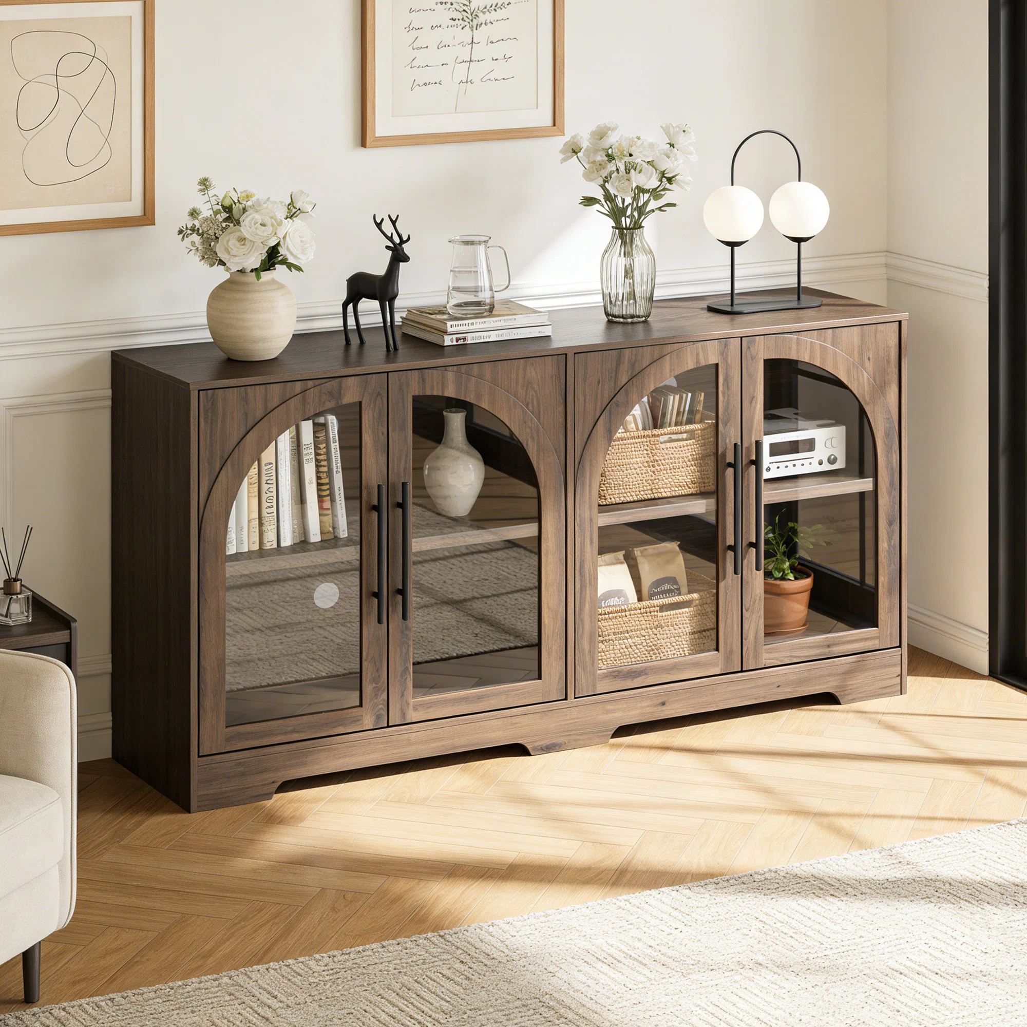 55" W Rustic Display Buffet Cabinet With Arched Glass Doors, Modern Buffet Sideboard Coffee Bar Cabinet With Storage And Adjustable Shelves,For Kitch | Wayfair North America