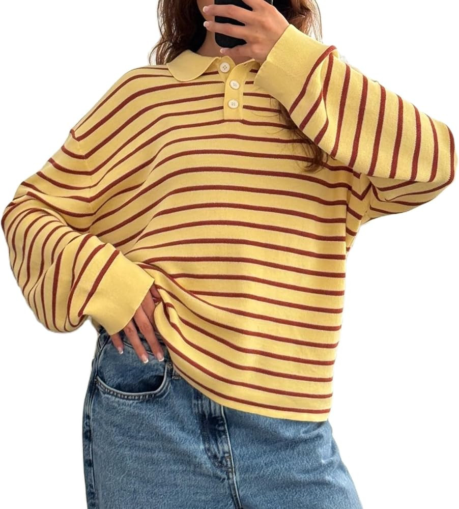 Women Rugby Polo Shirts Oversized Long Sleeve Collared Striped Sweatshirt Y2k Preppy Pullover Top... | Amazon (US)