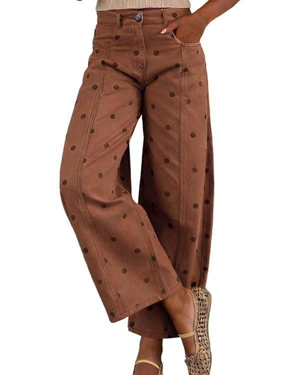 chouyatou Women's 2026 Polka Dot Pattern Barrel Jeans Boyfriend Y2K Casual Wide Leg Mid Rise Deni... | Amazon (US)