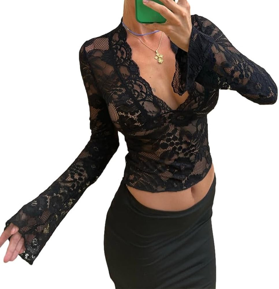 Women Y2k Lace See Through Top Sexy Sheer Mesh Long Sleeve Crop Top Low Cut Floral Lace Slim Fit ... | Amazon (US)