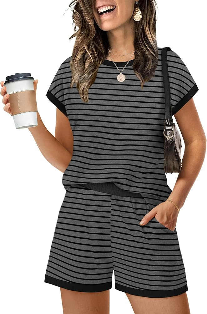 WIHOLL Two Piece Sets for Women Summer Lounge Short Sets Cap Sleeve Crew Neck Sweatsuit with Pock... | Amazon (US)