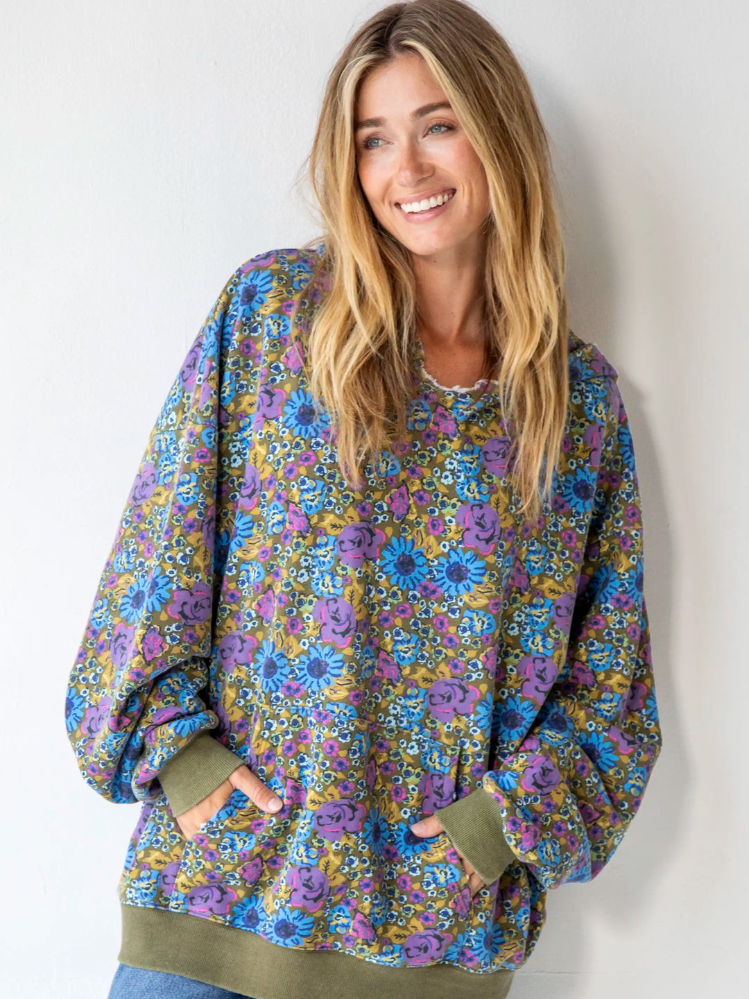 Oversized Printed Hoodie - Blue Purple Daisy | Natural Life