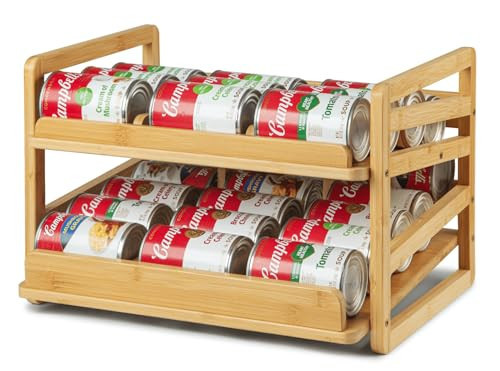 Aclema Bamboo Rolling Can Organizer for Pantry, Stackable 2 Tier Canned Food Organizer Rack for Storage, Kitchen Cabinet, Can Holders Dispensers for Pantry Up To 27 Cans | Amazon (US)